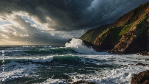 Dramatic seascape with crashing waves and dark stormy clouds over rugged cliffs.