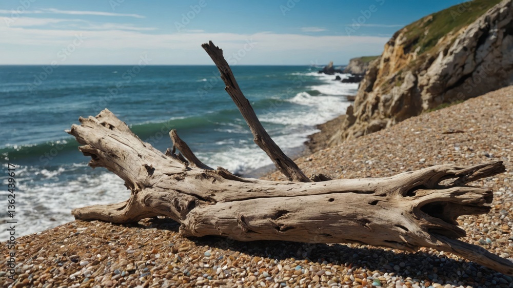 A scenic beach view featuring driftwood and gentle waves under a clear blue sky. A scenic beach view featuring driftwood and gentle waves under a clear blue sky.