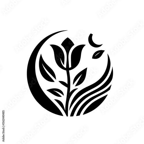 Elegant Black and White Floral Logo: A stylized tulip with surrounding crescent moon, leaves, and flowing lines, conveying nature's simplicity.