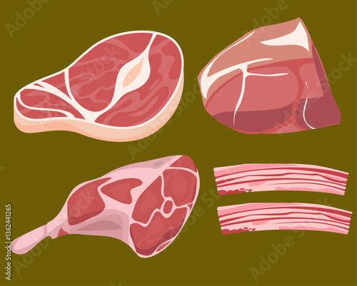 A plate with raw pork chops ham and cheese
