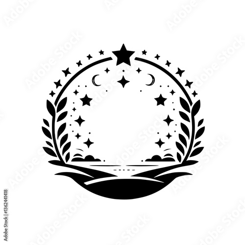 A celestial black and white emblem, portraying a circular frame adorned with stars, crescent moons, and foliage, encompassing a stylized landscape.