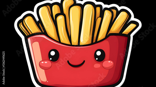 Cute cartoon of a smiling box of fries, on a black background
