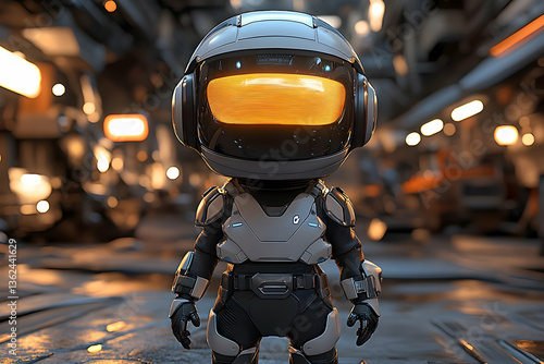 Cute cartoon robot with glowing face in futuristic metallic environment