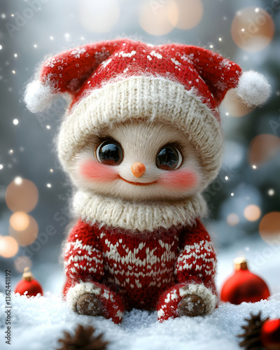 Cute creature in festive attire sits in snow with decorations