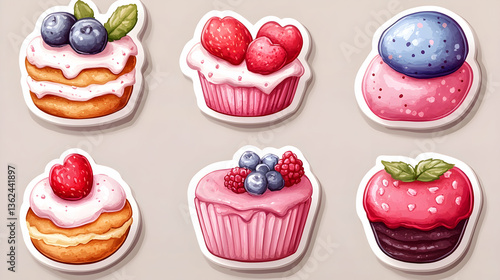 Cute, colorful cupcake and dessert sticker set