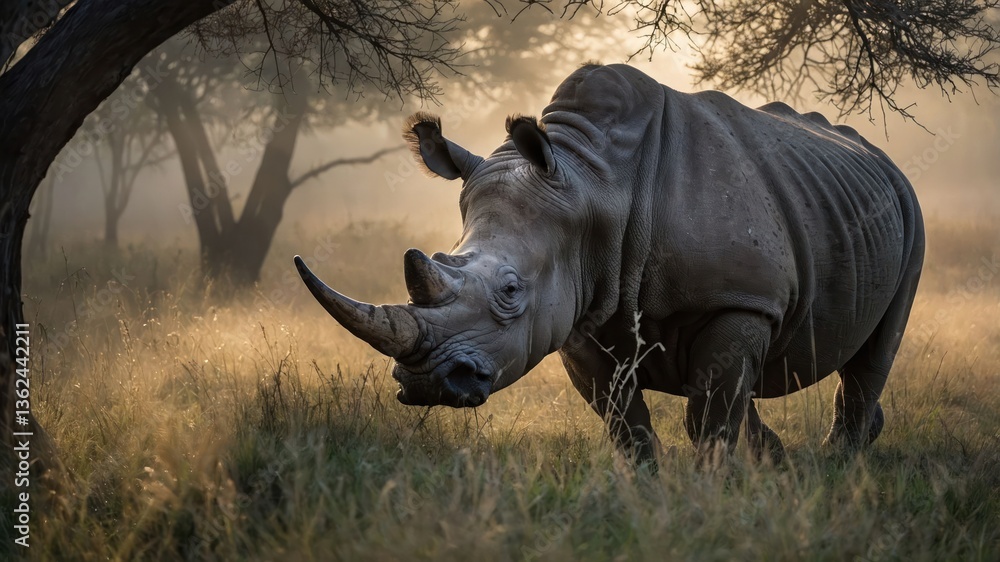 Fototapeta premium A majestic rhinoceros stands in a misty landscape, highlighting wildlife beauty.