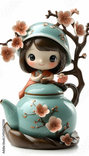 Cute doll with brown hair sitting on blue teapot with pink flower accents