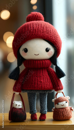 Cute doll in red knitwear and black braids, holding small animal bag