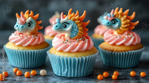 Cute dragon cupcakes with pink frosting and sprinkles in blue liners