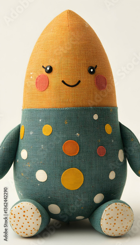 Cute fabric doll with polka dots, smiling, against a neutral background