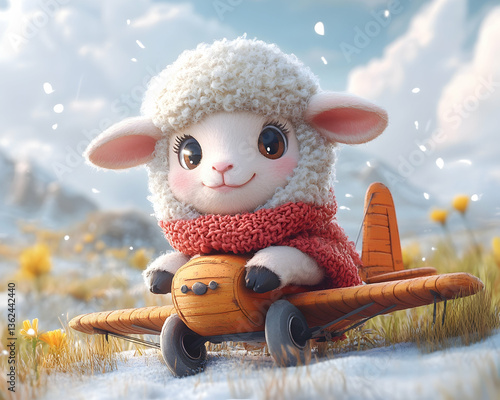 Cute fluffy lamb pilot in a toy airplane, wearing a red scarf