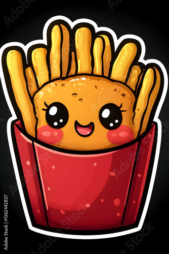 Cute fries cartoon! Eyes, cheeks, and happy smile Red cardboard container