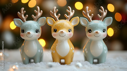 Cute holiday deer ornaments against bokeh backdrop
