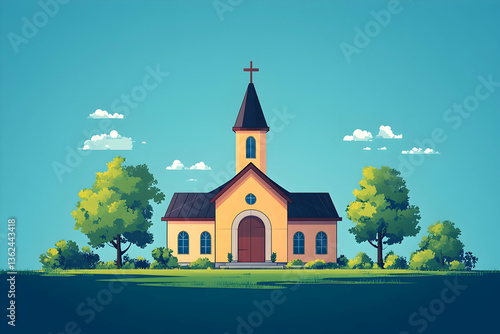 Cute little church in green fields under bright blue sky, puffy clouds, and lush trees