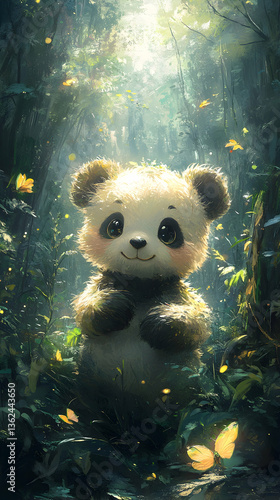 Cute panda cub in a sunlit forest, whimsical illustration