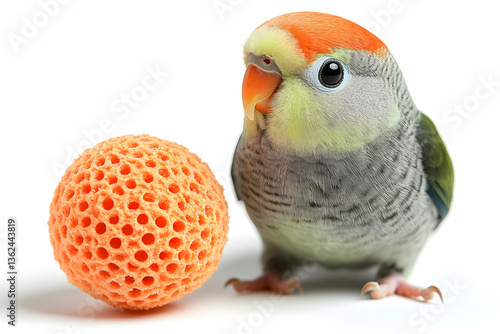 Cute parrot poses with an orange textured ball on white