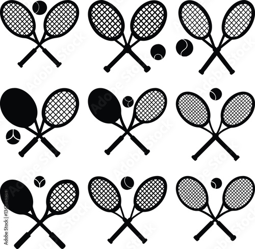 Black Silhouette of Crossed Tennis Rackets and Ball Icon on Transparent Background