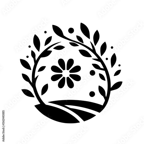 A stylized, minimalist emblem depicting a black silhouette of a flower at the center, enclosed by a leaf-adorned arch over fields on white background.