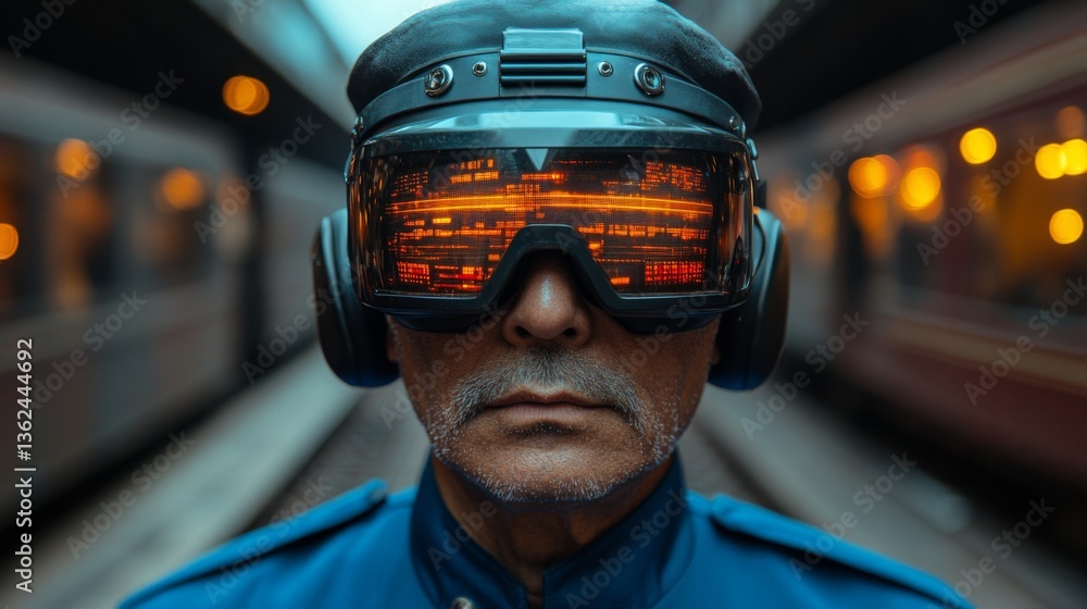 A professional oversees a busy urban transit hub, wearing advanced surveillance glasses that boost visibility and scanning abilities. A professional oversees a busy urban transit hub, wearing advanced surveillance glasses that boost visibility and scanning abilities.