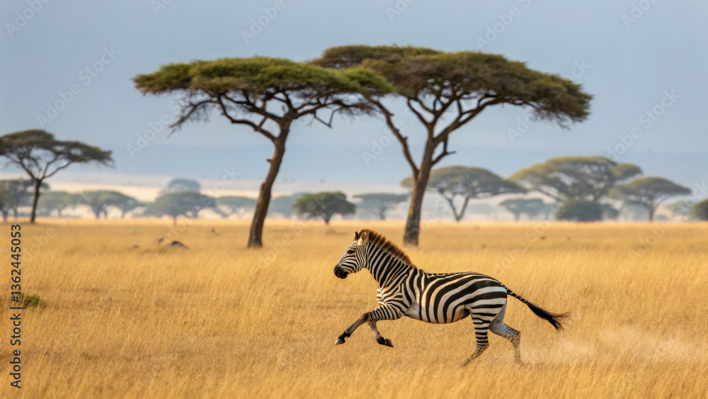 Fototapeta premium Zebra captured mid-run in open grassland landscape