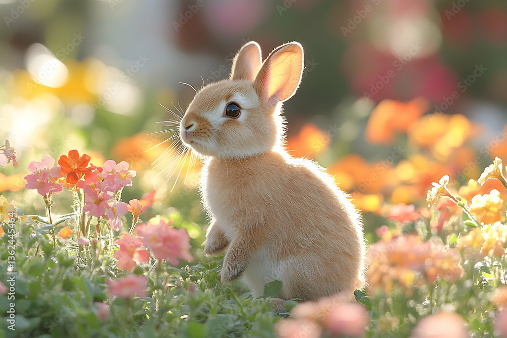 Fototapeta premium Cute rabbit stands in flowers