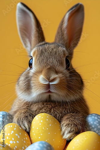 Cute rabbit peeks from Easter eggs pile, yellow background