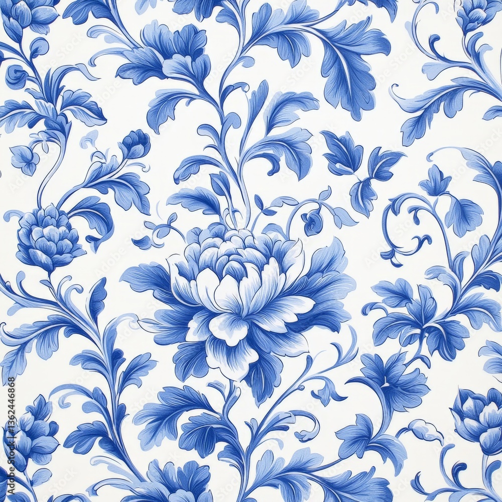 Fototapeta premium Blue and white floral porcelain inspired pattern in seamless repetition representing cultural elegance ceramic tradition visual harmony and decorative classic textile design