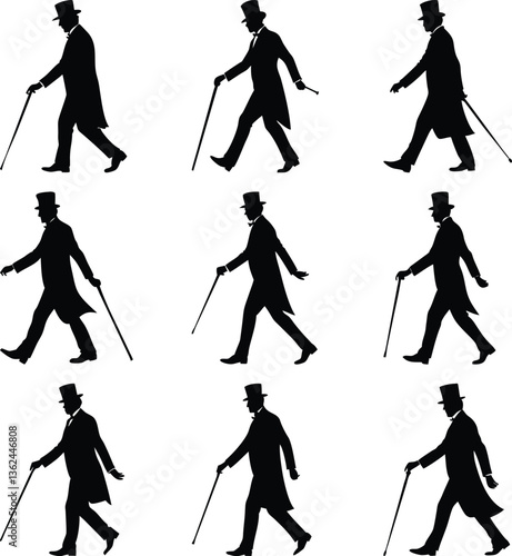 Silhouette Men with Top Hats, Tails, and Canes Walking in a Row Pattern