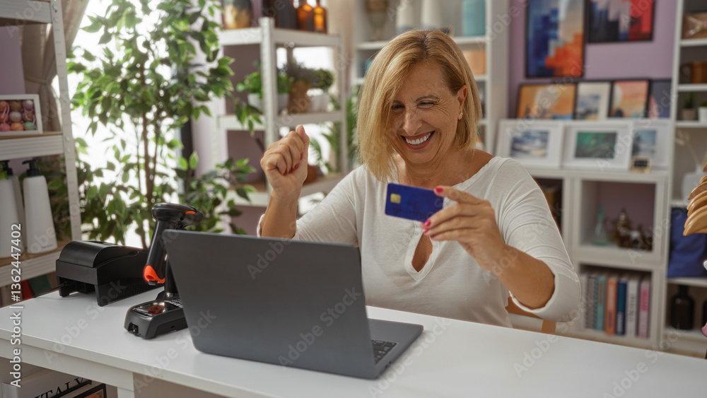 Woman celebrating while holding a credit card and looking at a laptop in a decorated home environment, suggesting successful online shopping.