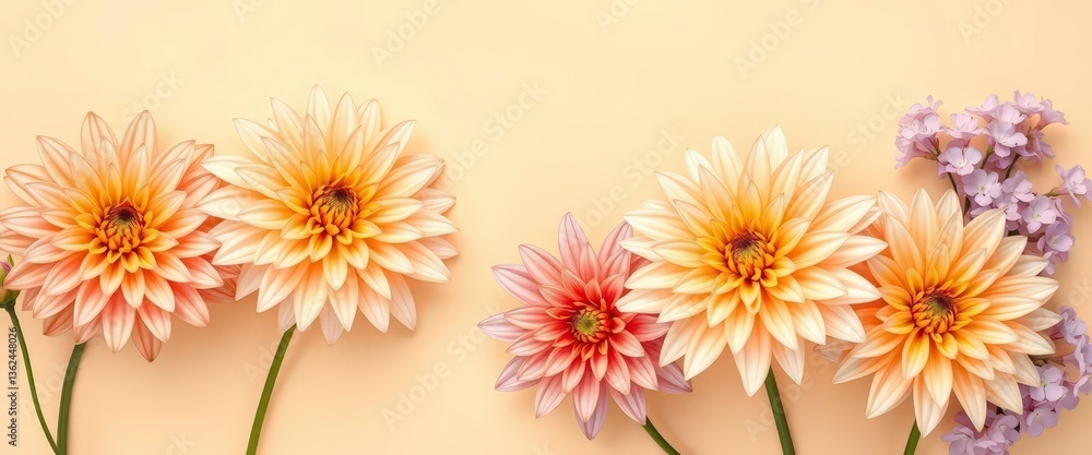 Subtle peach and lilac dahlias on warm beige seamless background, subtle, botanical Subtle peach and lilac dahlias on warm beige seamless background, subtle, botanical