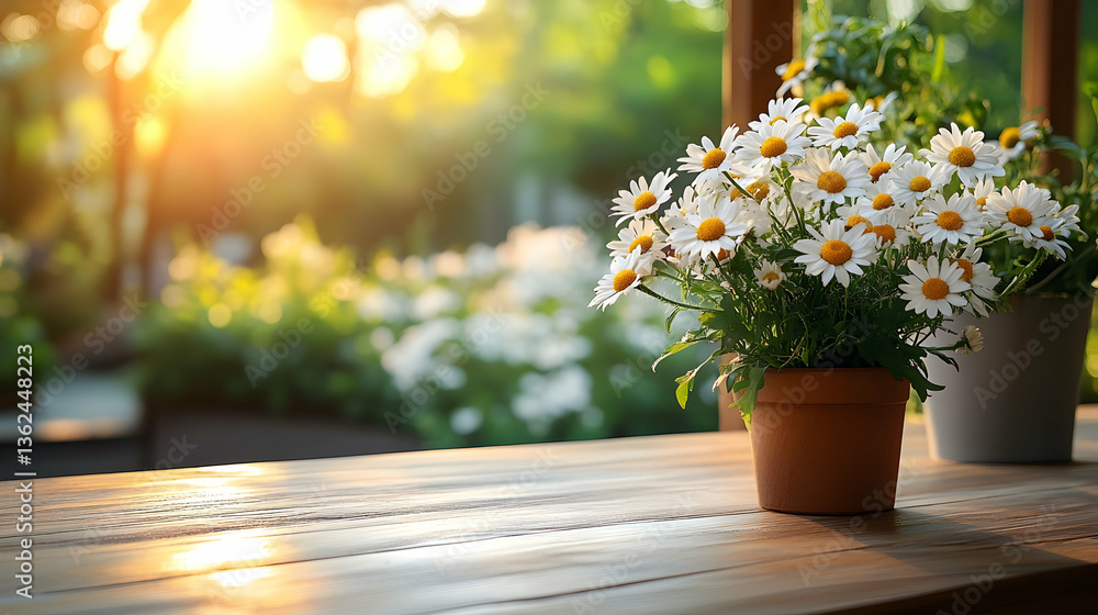 Fototapeta premium Daisies in pot on a wood surface, with soft sunlight and greenery in the background