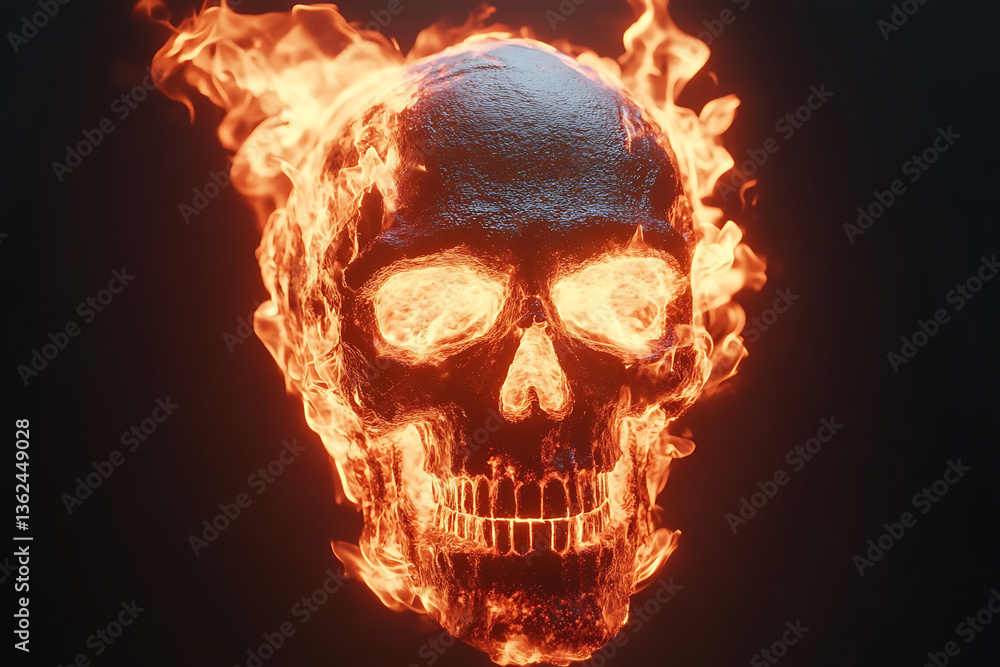 Flaming skull surrounded by intense flames, creating a dramatic and eerie atmosphere Flaming skull surrounded by intense flames, creating a dramatic and eerie atmosphere