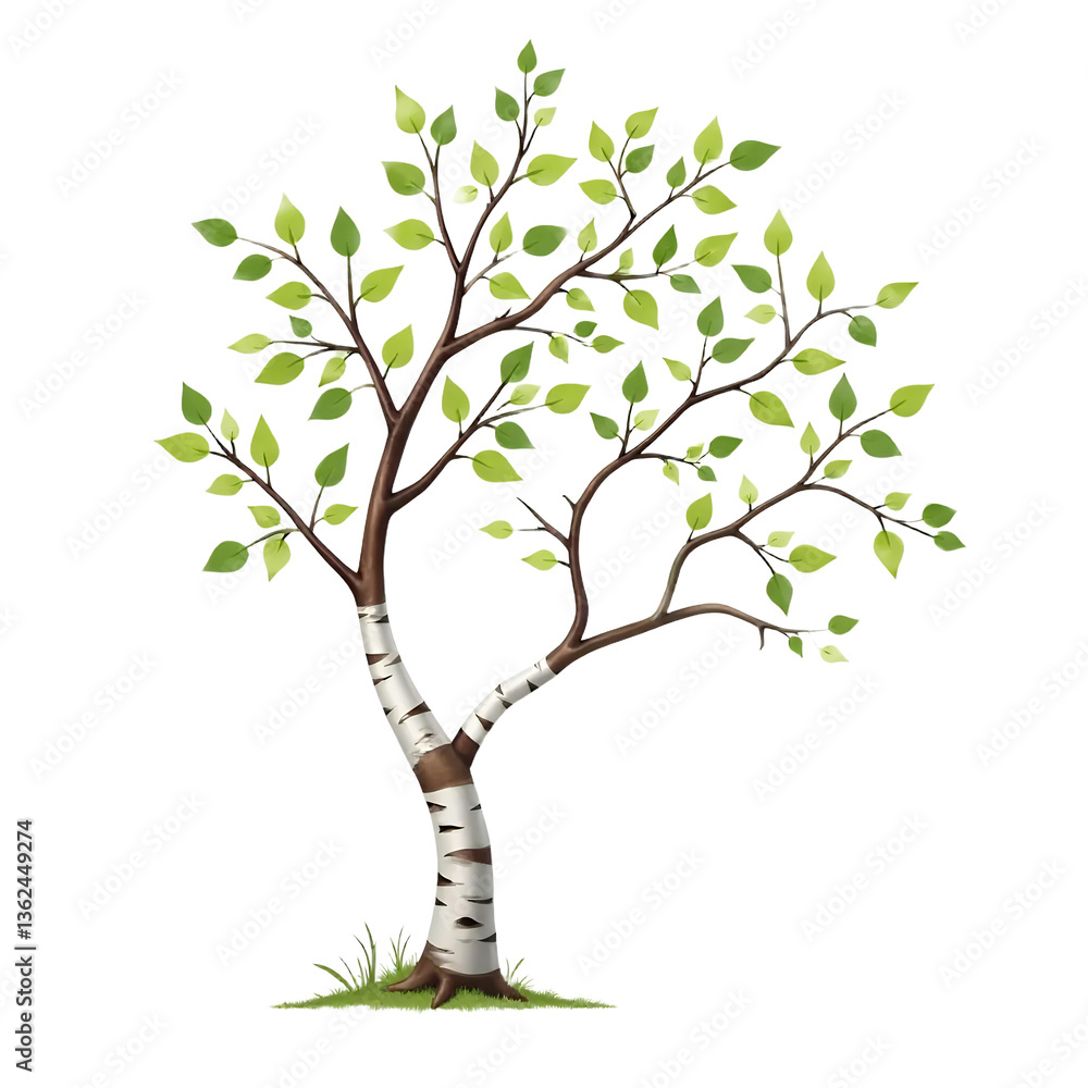 Fototapeta premium Birch_Tree_Illustration_Green_Leaves_Black_Background