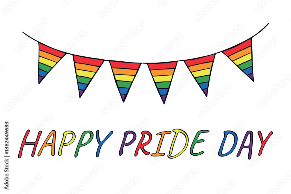 Fototapeta premium Colorful garland Gay pride flag Happy pride day LGBTQIA community Pride Month Vector hand drawn doodle for posters, stickers, logo, cards
