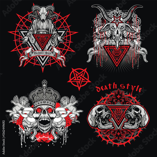set, gothic sign with skull, grunge vintage design t shirts