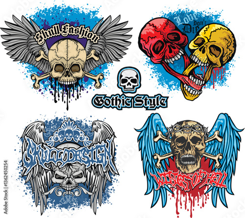 set, gothic sign with skull, grunge vintage design t shirts