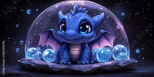 Cute Blue Dragon in Bubble.