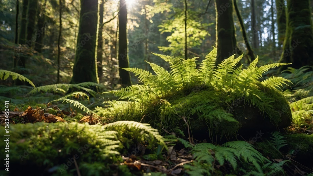 Fototapeta premium A serene forest scene with ferns and sunlight filtering through trees.