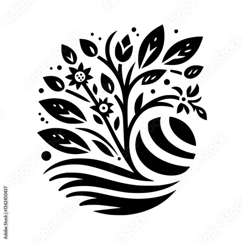 An Elegant Botanical Illustration: Stylized black and white flowers and leaves bloom from a spherical base.