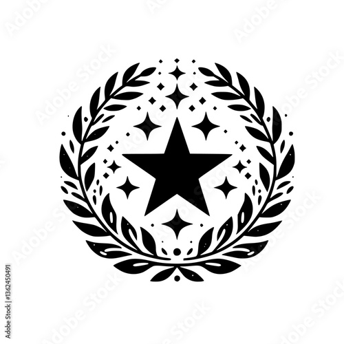 A minimalist black and white design featuring a central star framed by a laurel wreath and surrounded by additional stars, all against a clean white background.
