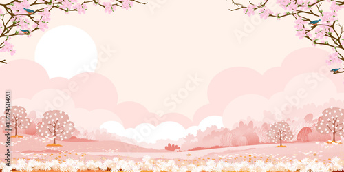 Landscape Spring Pink sky, cloud, Pink Cherry blossom, grass field in garden at park for Easter banner,Cartoon Vector illustration forest tree for Easter,
Horizon cute rural nature in sunny day Summer