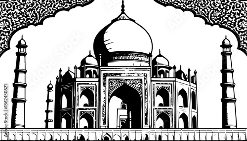 "Taj Mahal Vector Illustration – Iconic Monument Design in Detailed Line Art for Travel Posters, Souvenirs, and Cultural Graphics"