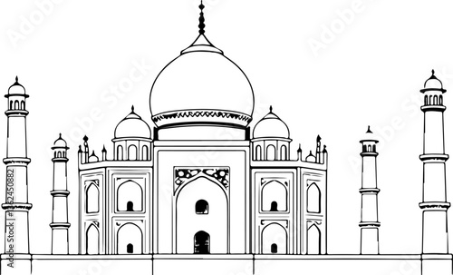 "Taj Mahal Vector Illustration – Iconic Monument Design in Detailed Line Art for Travel Posters, Souvenirs, and Cultural Graphics"