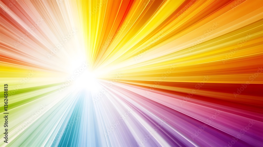 Obraz premium Vibrant Rainbow Burst Abstract Background, Colorful Rays, Light Speed, Energy Beam, Spectrum, Dynamic, Bright, Sunburst Design