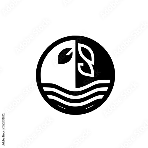 Monochromatic Logo: A symbolic representation of a leaf and waves within a circle, split into black and white sections.