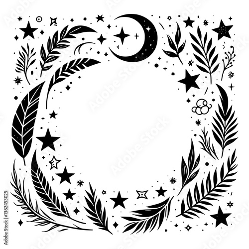 Celestial Botanical Frame: A stylized black and white circular design featuring a crescent moon, stars, feathers, and leaves, creating an elegant, mystical border.