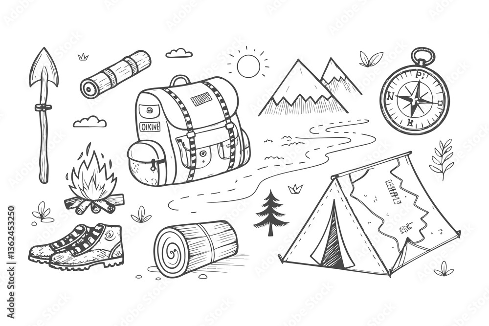 Fototapeta premium Hand-Drawn Doodle Set of Adventure Travel Icons: Playful Sketches of Mountain, Backpack, Boots, Compass, Map, Tent, and Campfire in a Minimalist, Fun, and Explorative Style.