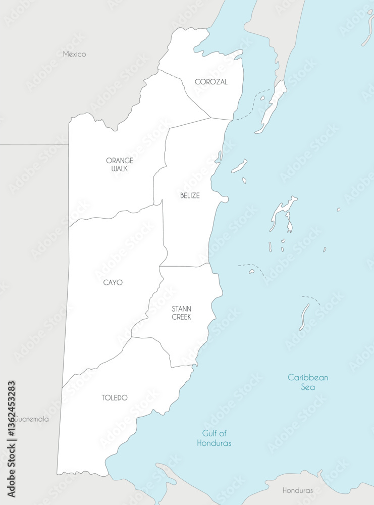 Fototapeta premium Vector regional map of Belize with districts and administrative divisions, and neighbouring countries and territories. Editable and clearly labeled layers.