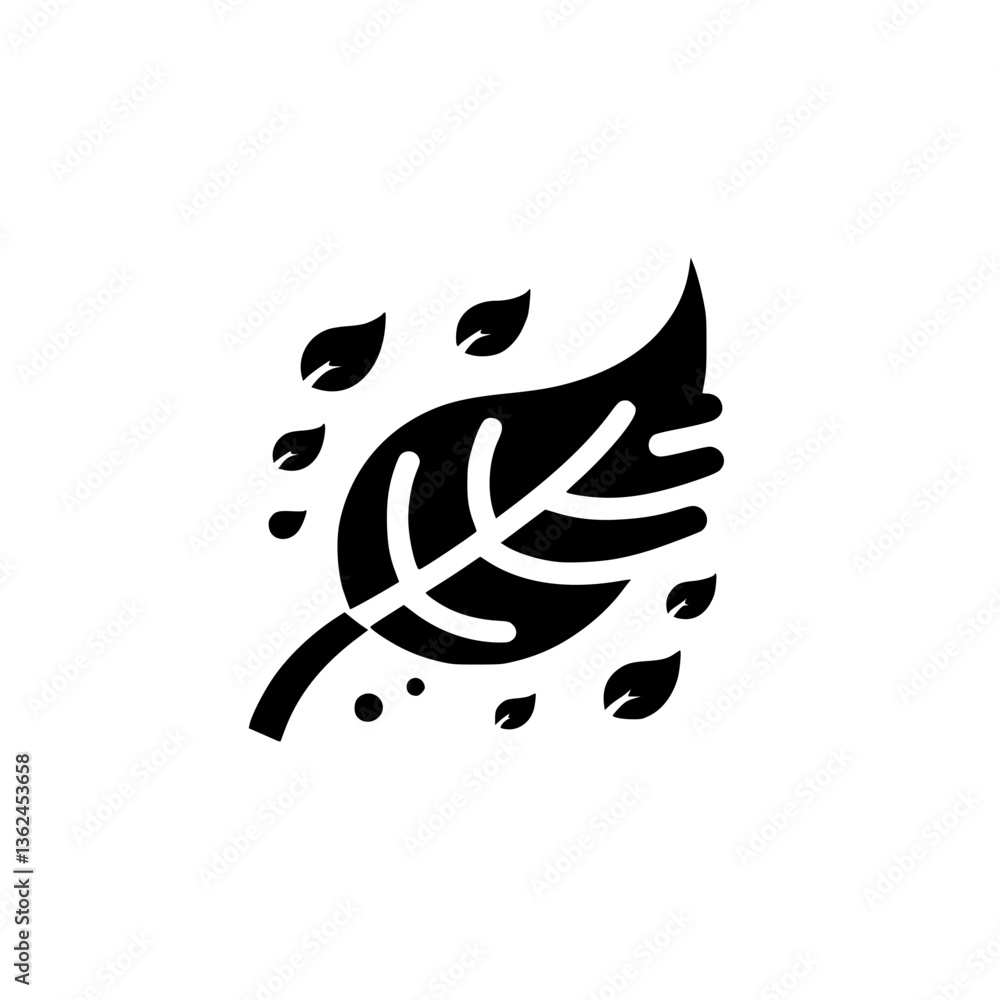 Obraz premium Abstract minimalist composition featuring a stylized black leaf with intricate veins, surrounded by smaller floating leaf shapes, set against a stark white backdrop.