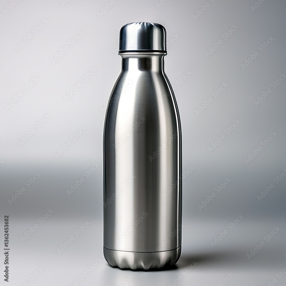 Minimalist Stainless Steel Water Bottle on Light Grey Studio Background Minimalist Stainless Steel Water Bottle on Light Grey Studio Background